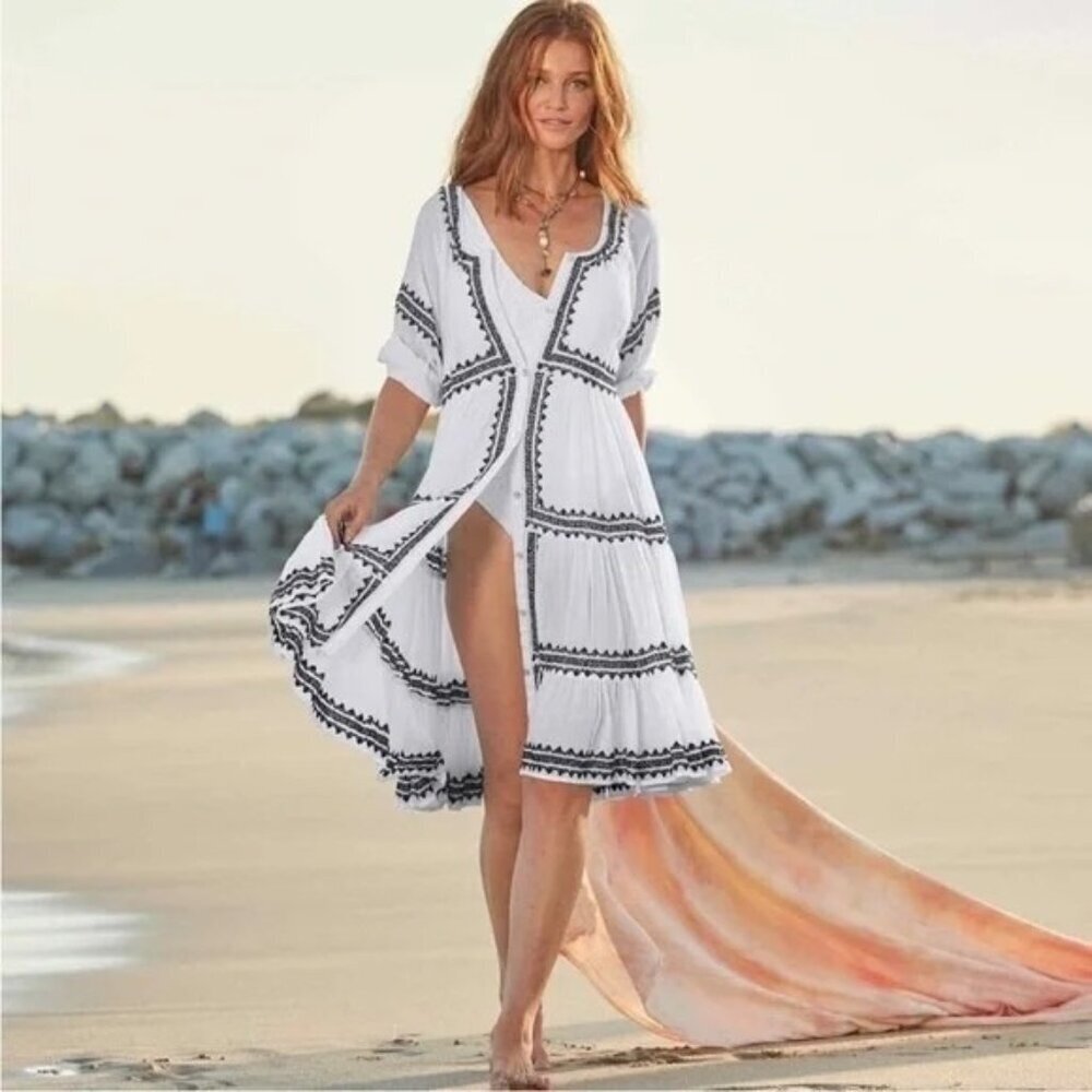 Sundance Sea La Vie Dress Embroidered Button Down Ladies Size PSmall White Black - Picture 2 of 12